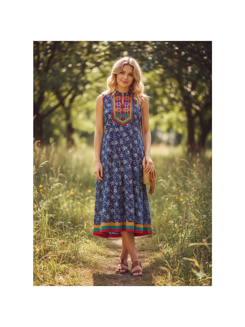 Navy Bibbed Cottagecore Sleeveless Midi Dress Size 40